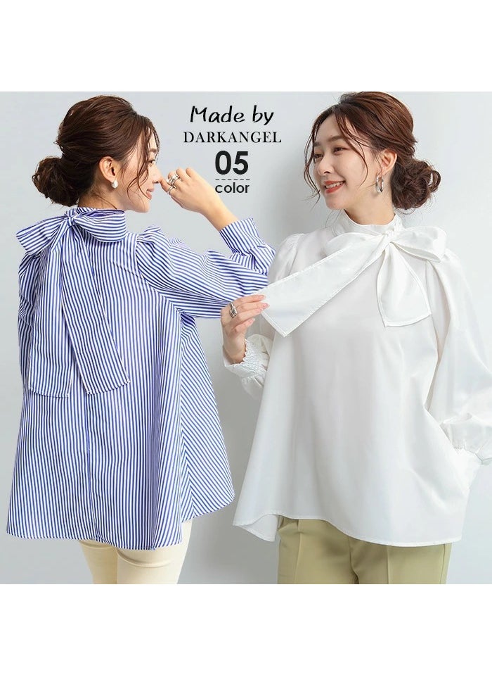 2023 Spring Japanese Lantern Sleeve Chiffon Blouse with Bow Blue Stripe