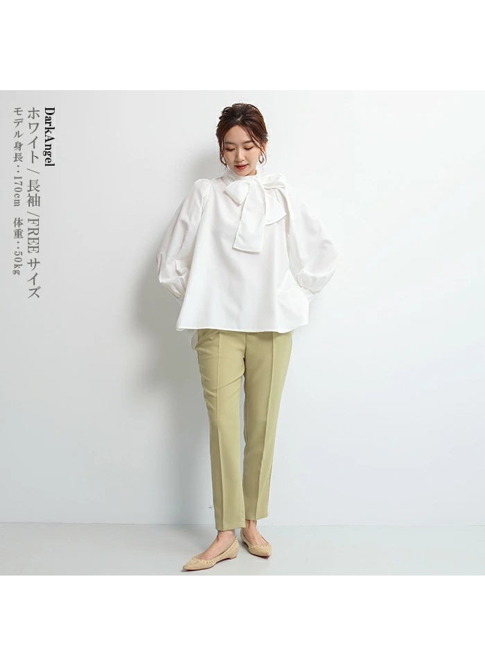 2023 Spring Japanese Lantern Sleeve Chiffon Blouse with Bow White