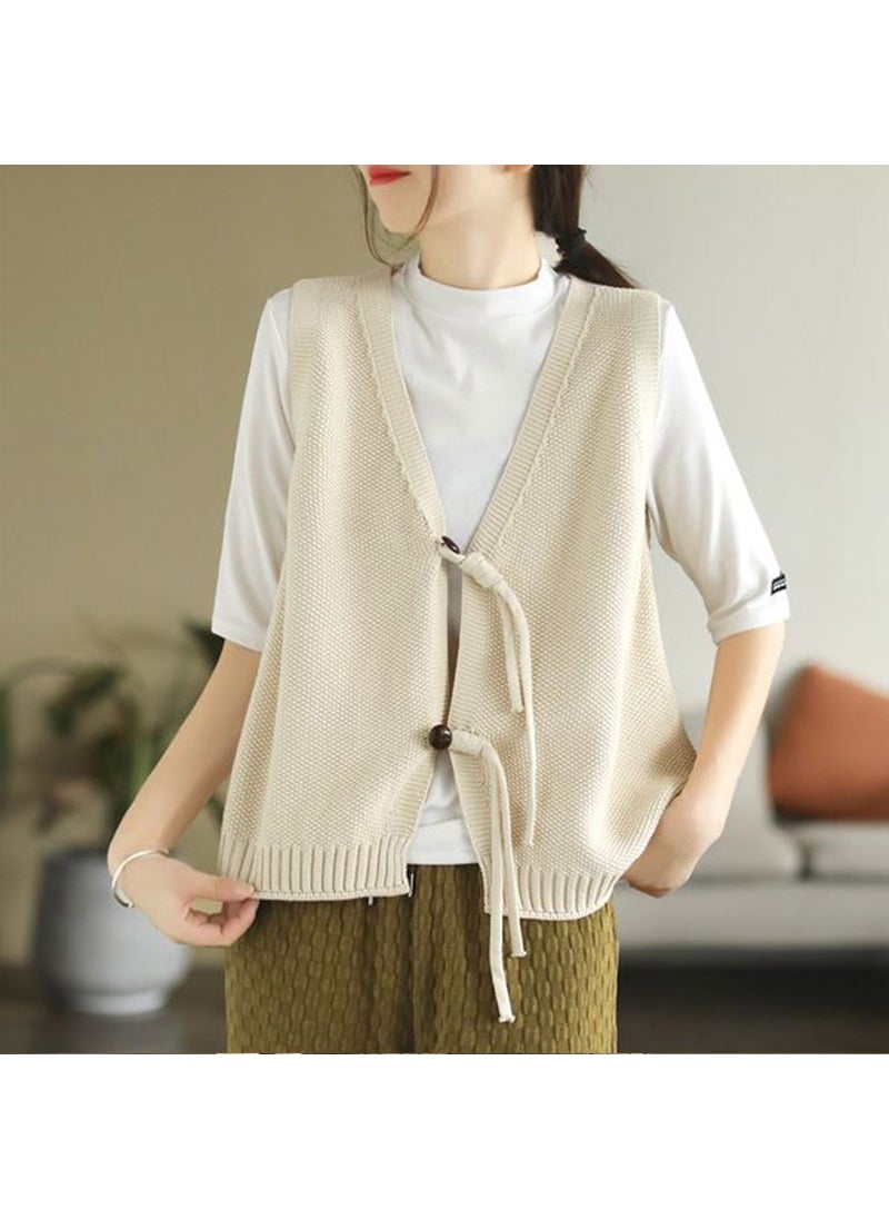 1 x 5 pcs Vintage Knitted Button Vest Women V-Neck Sleeveless 2122 rice White