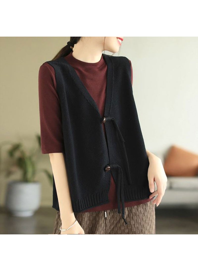 1 x 5 pcs Vintage Knitted Button Vest Women V-Neck Sleeveless 2122 Black