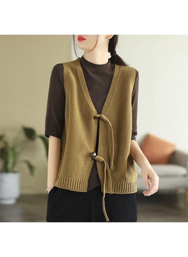 1 x 5 pcs Vintage Knitted Button Vest Women V-Neck Sleeveless 2122 Black