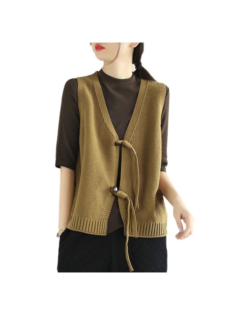 1 x 5 pcs Vintage Knitted Button Vest Women V-Neck Sleeveless 2122 Brown