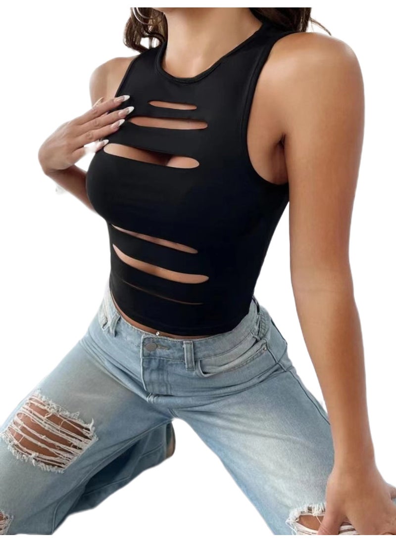 Hollow Cut-Out Crop Tank Top Summer Sleeveless Black