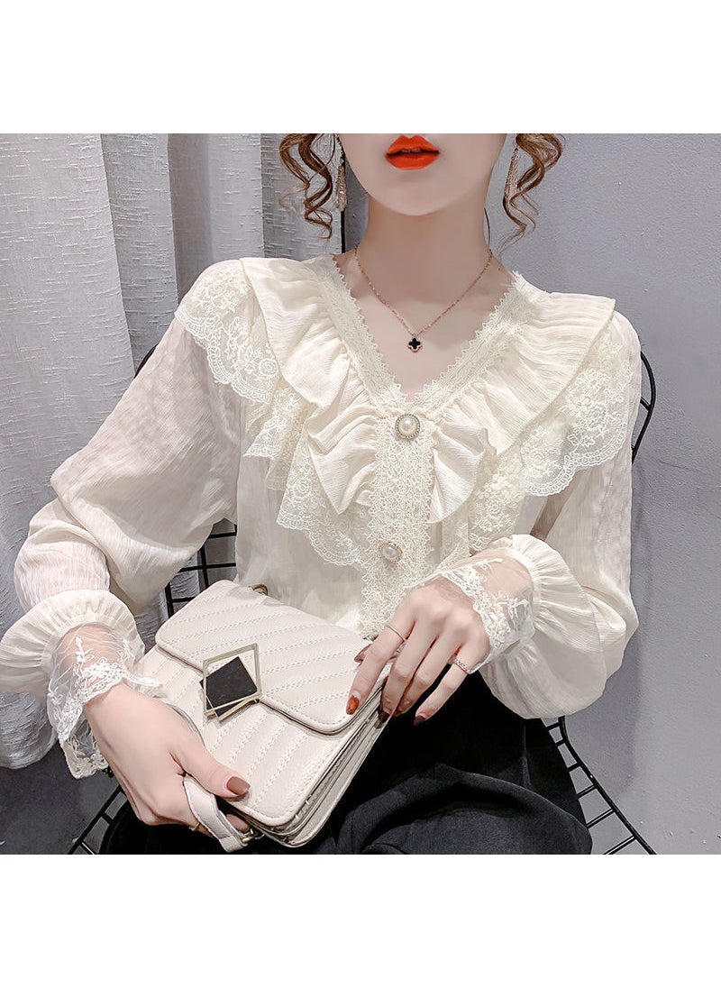 2023 Trendy Lace Chiffon Blouse Long Sleeve Womens Top Apricot long sleeve store manager push fabric with lining