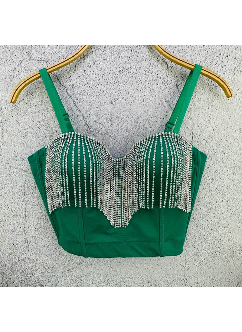 1 x 5 pcs Rhinestone Tassel Chain Slim Camisole Summer Crop Top Green