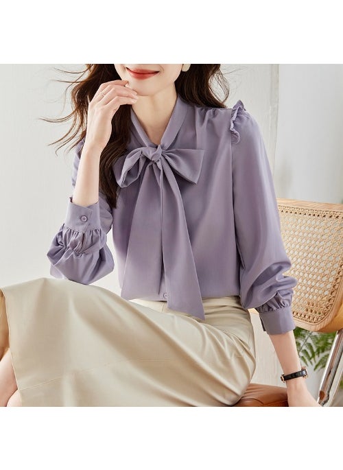 1 x 5 pcs Elegant Purple Bow Chiffon Blouse for Women taro purple