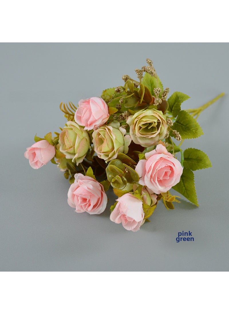 1 x 5 pcs Artificial Rose Bouquet Multi-Head Decor Pink Green