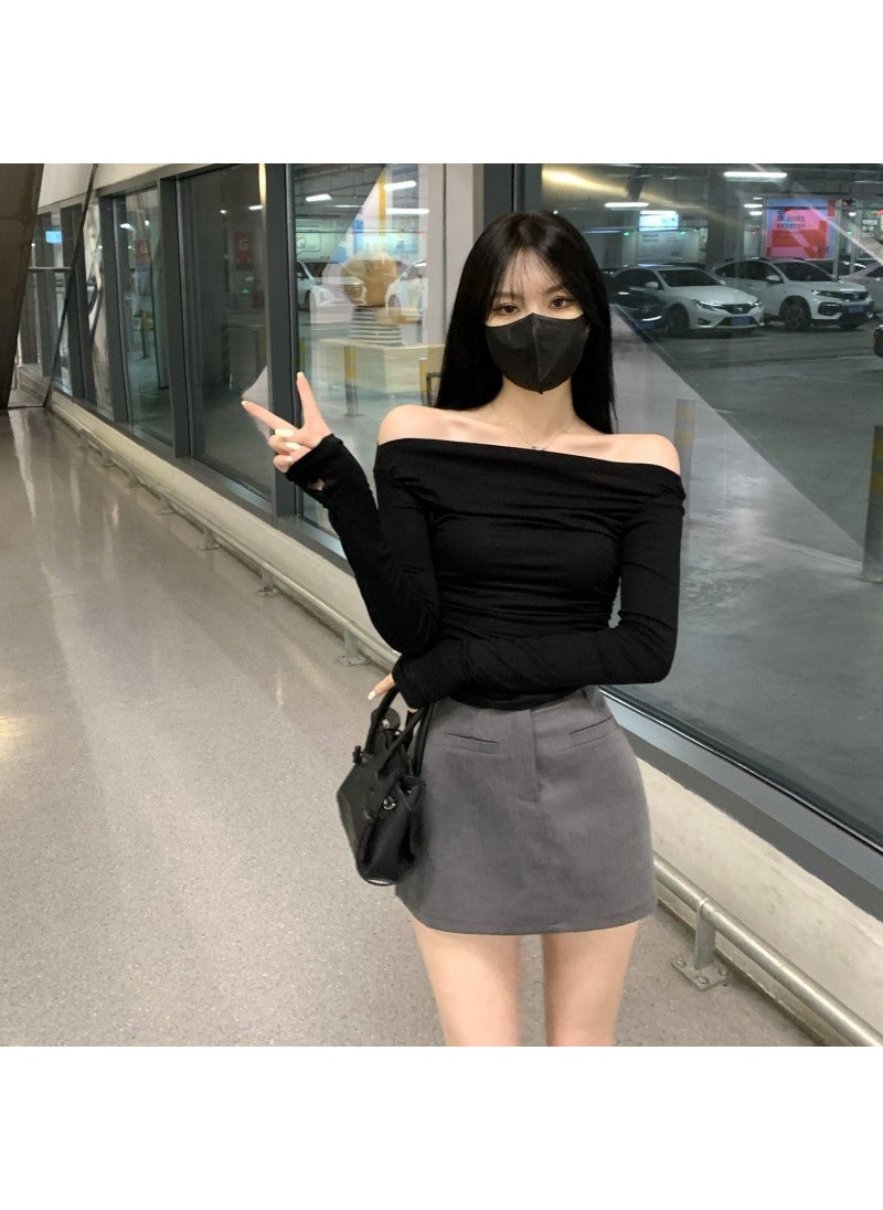 Chic Off-Shoulder Long Sleeve Crop Top for Women Black top