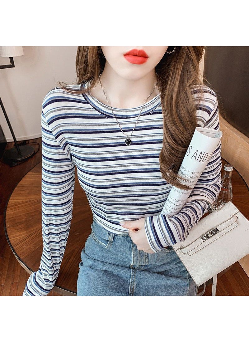 Striped Long Sleeve Slim T-Shirt Women Spring Fall 3575# gray stripes