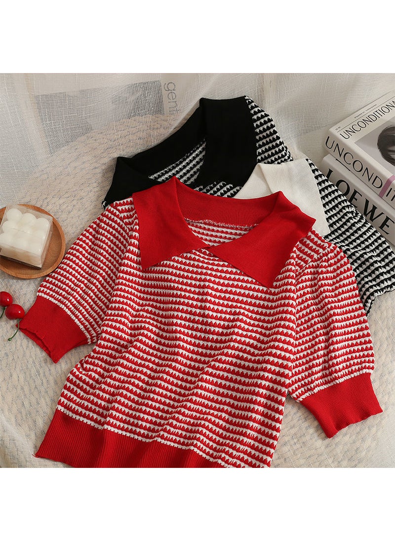 Color Block Striped Polo Knit Tee Summer Slim Fit Women Red