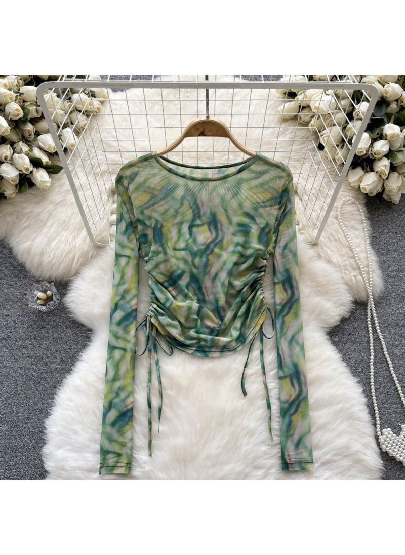 French Vintage Tie-Dye Drawstring Top Green