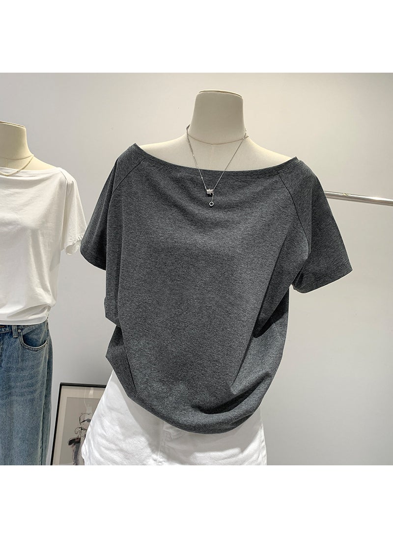 Chic Off-Shoulder Dual-Wear Tee Summer Loose Black Top Dark gray