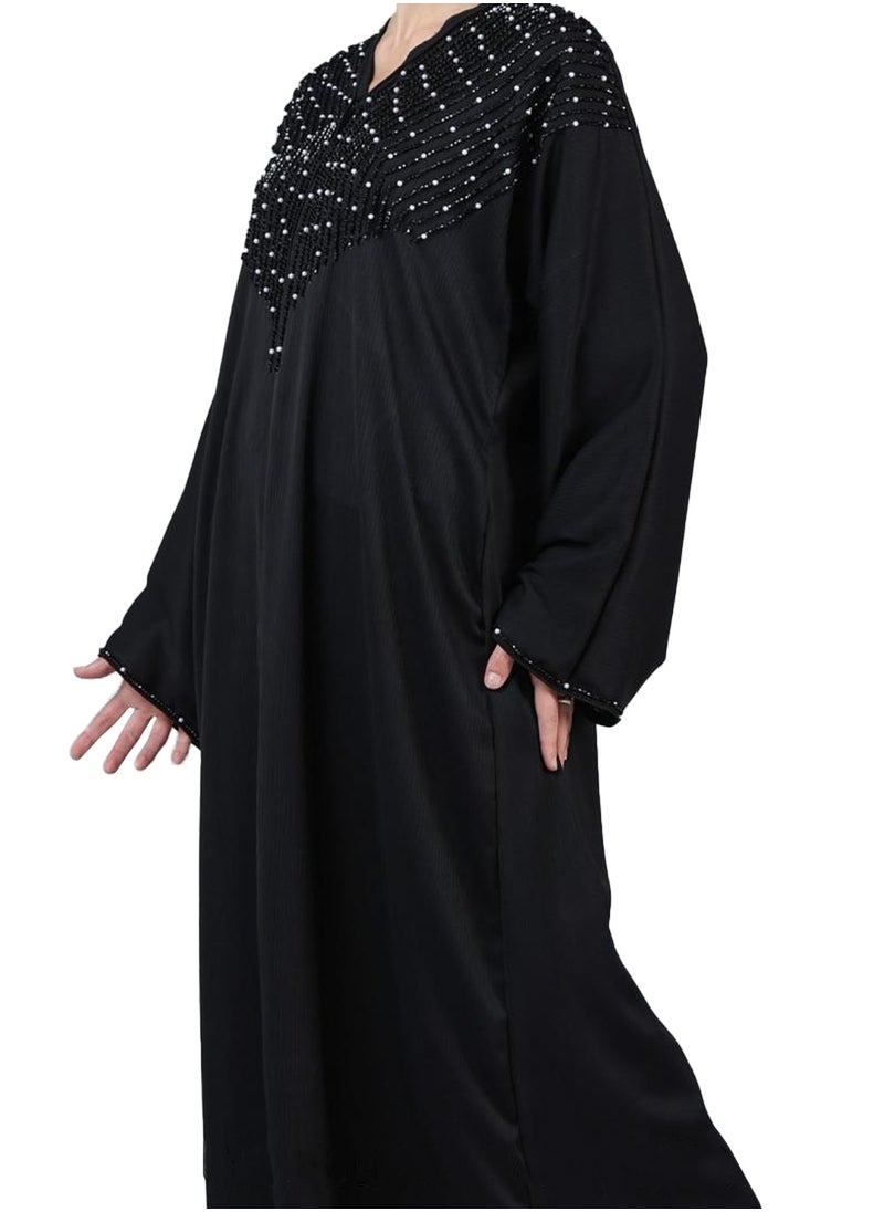 Stylish Black Abaya with Pearl Detailing