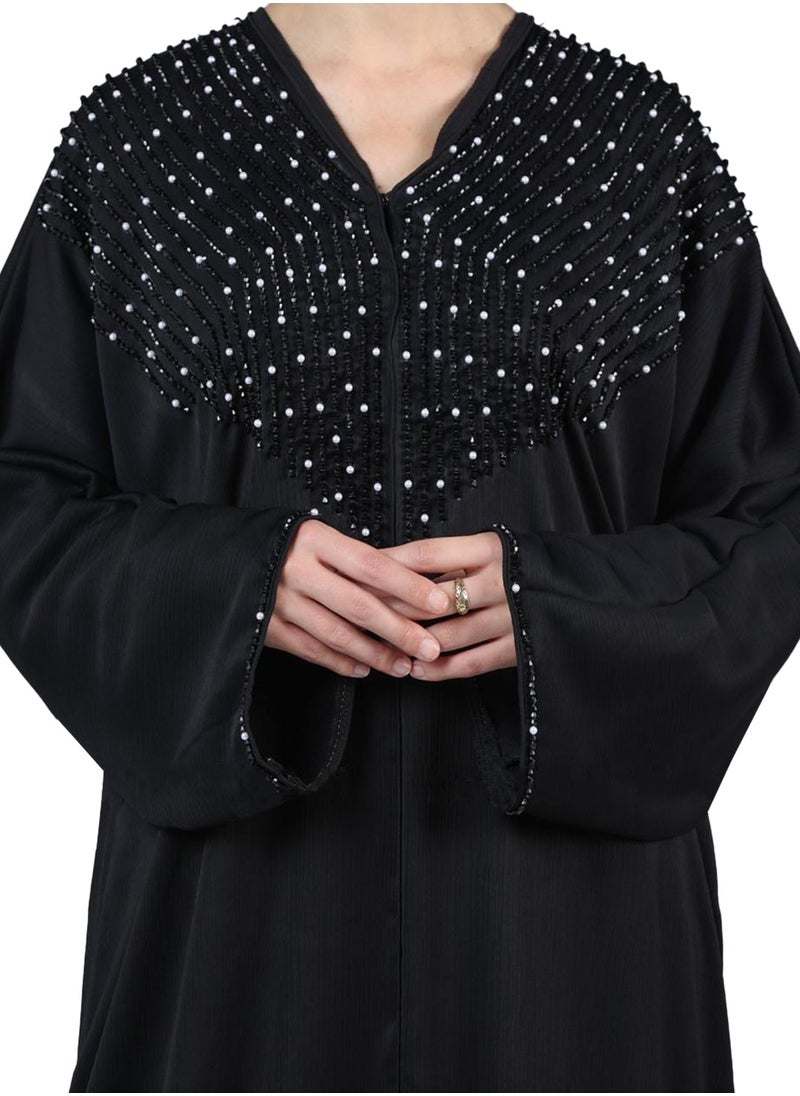 Stylish Black Abaya with Pearl Detailing