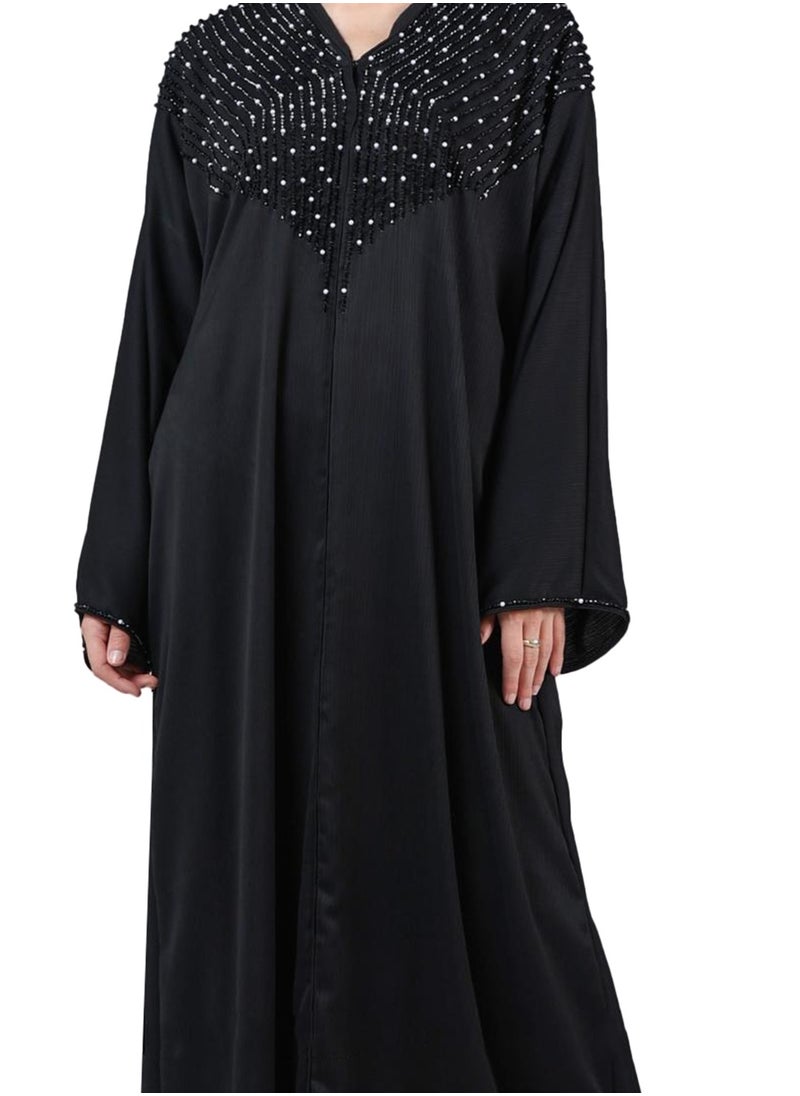 Stylish Black Abaya with Pearl Detailing