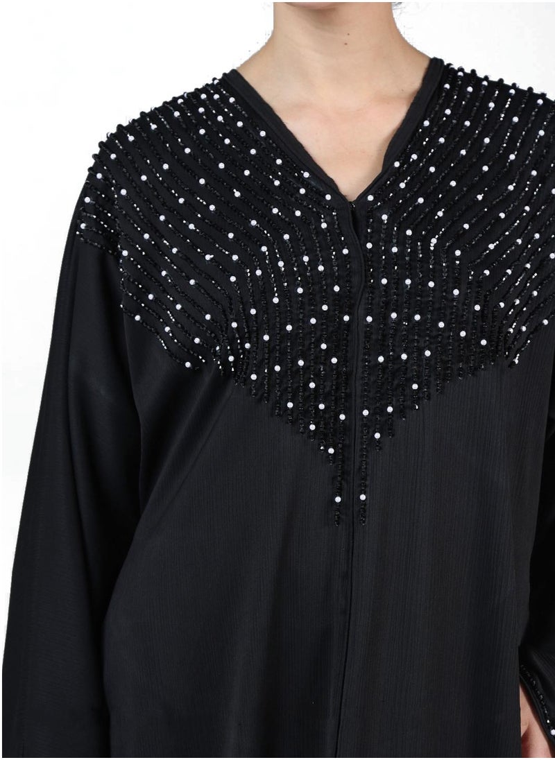 Stylish Black Abaya with Pearl Detailing