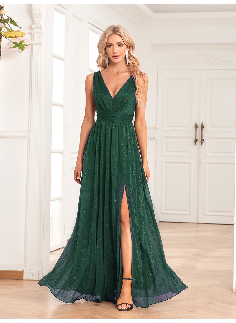 1 x 5 pcs 2024 Sparkling Chiffon Sleeve Evening Gown Dark green