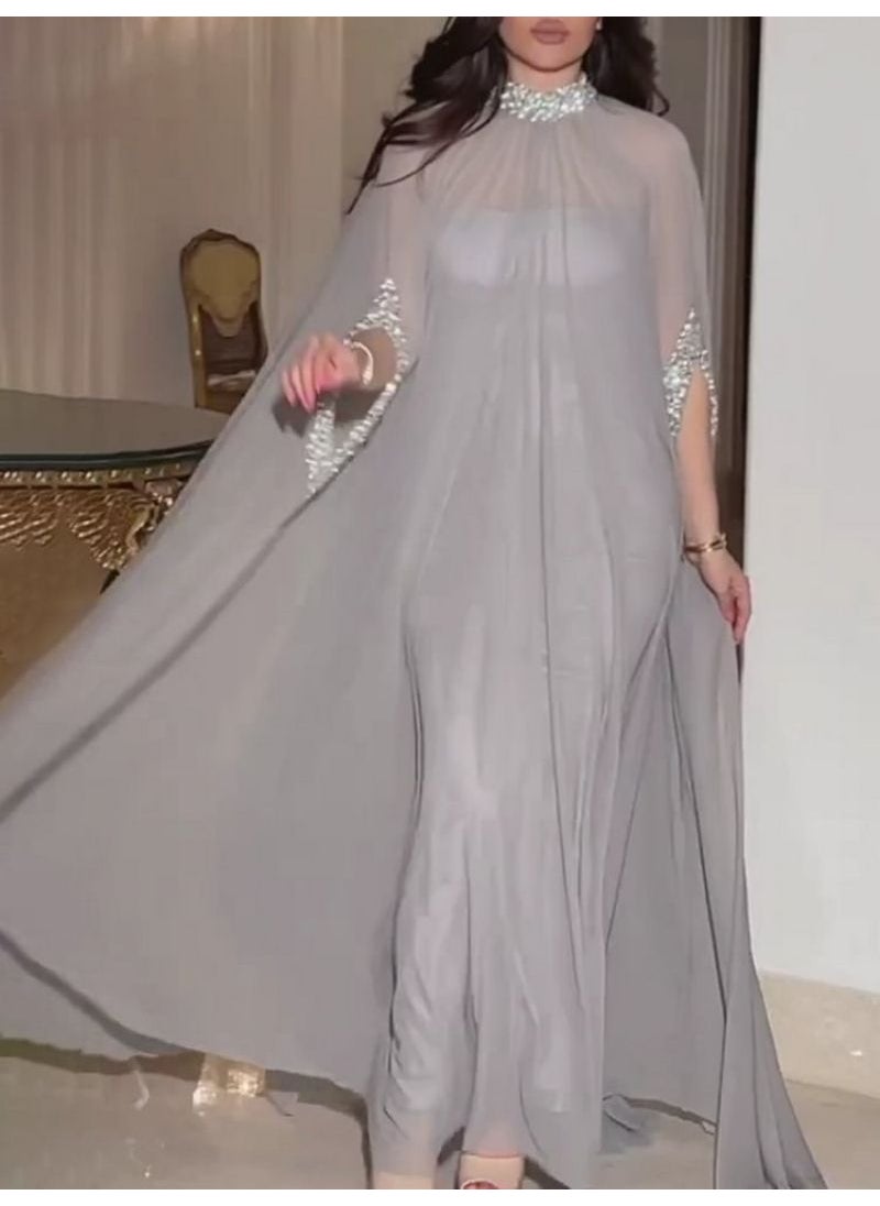 2023 Spring Summer Elegant Beaded Chiffon Cape Evening Dress Set Gray