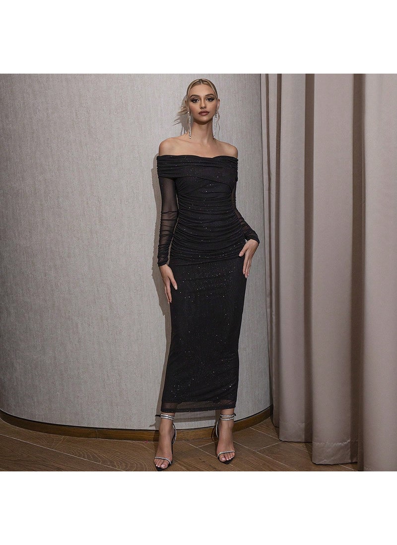 1 x 5 pcs Autumn Elegant Off-Shoulder Mesh Evening Dress DMS31822 Black