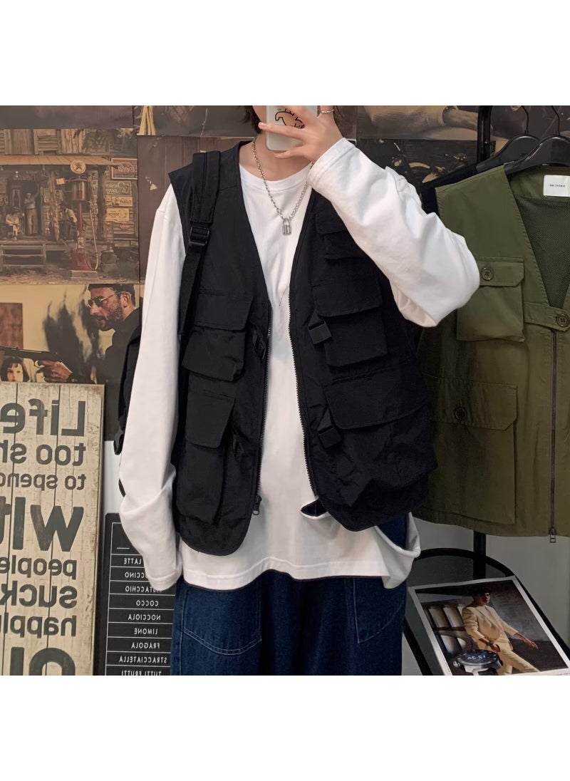 Retro Multi-Pocket Vest Men Japanese Streetwear Black