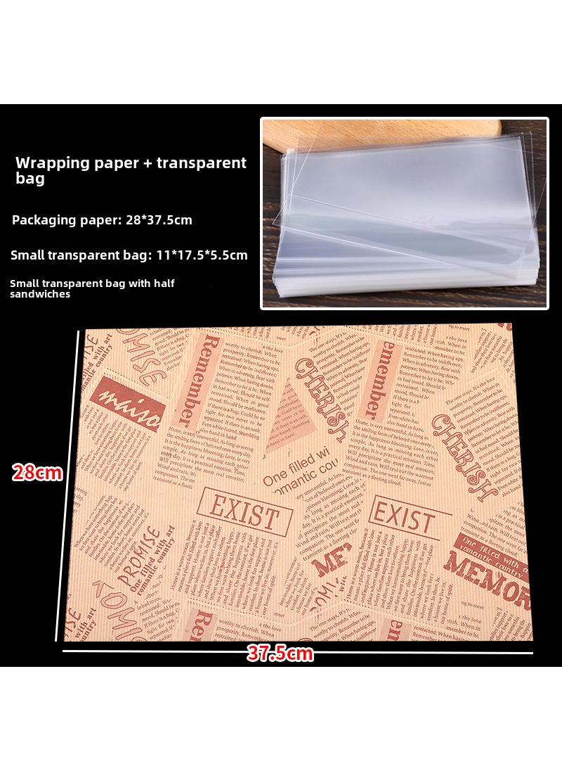 1 x 5 pcs Clear Sandwich Bags Disposable Takeout 50 English Kraft Paper +100 small transparent bags