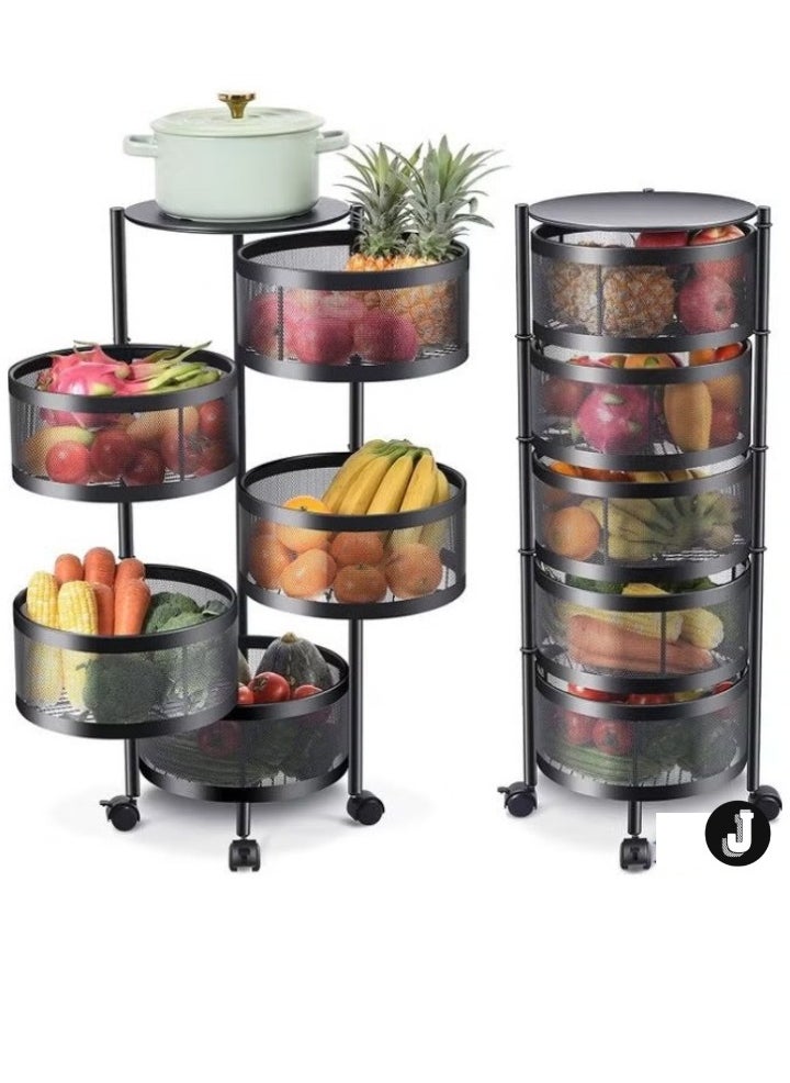 Multi-Layer Kitchen Storage Shelf – Rotatable Steel Rack with 4 Movable Wheels for Fruit, Vegetable & Snack Organization (Black)