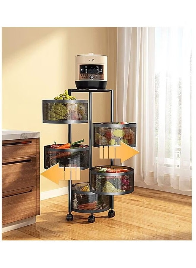 Multi-Layer Kitchen Storage Shelf – Rotatable Steel Rack with 4 Movable Wheels for Fruit, Vegetable & Snack Organization (Black)