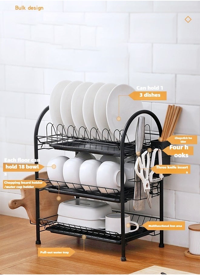 3 Tier Iron Dish Rack With Polypropylene Cup Tray Metal Iron Polypropylene Modern Houseware Dish Rack (Black)