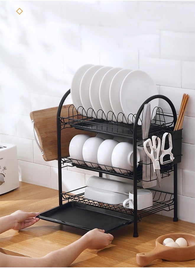 3 Tier Iron Dish Rack With Polypropylene Cup Tray Metal Iron Polypropylene Modern Houseware Dish Rack (Black)