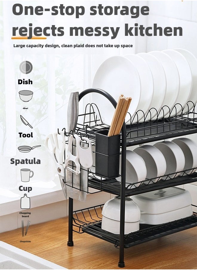 3 Tier Iron Dish Rack With Polypropylene Cup Tray Metal Iron Polypropylene Modern Houseware Dish Rack (Black)