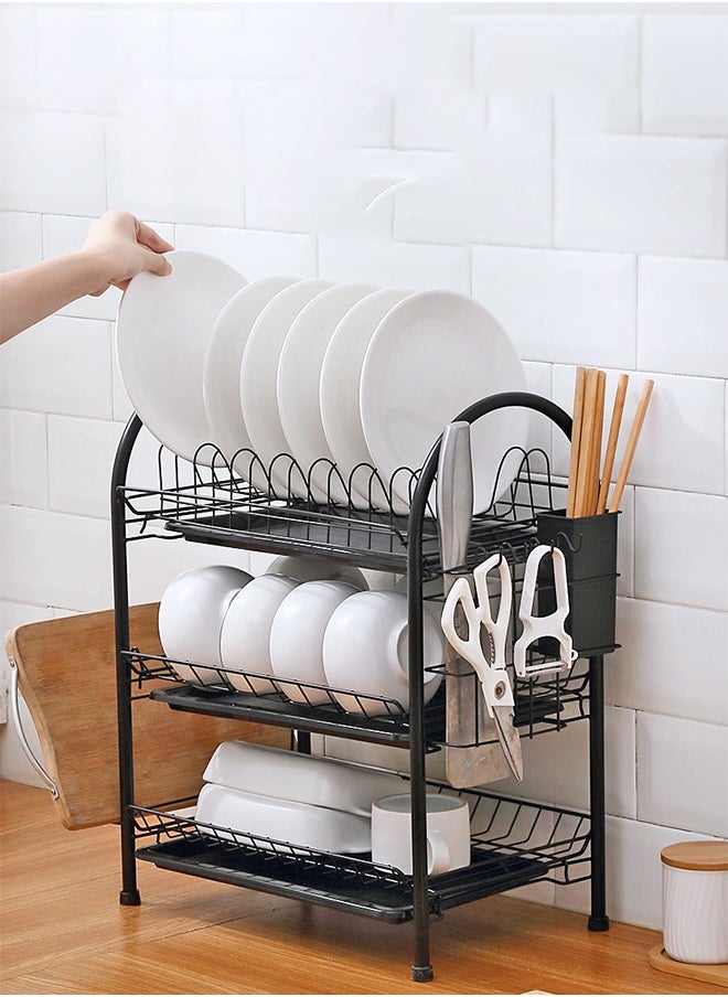 3 Tier Iron Dish Rack With Polypropylene Cup Tray Metal Iron Polypropylene Modern Houseware Dish Rack (Black)