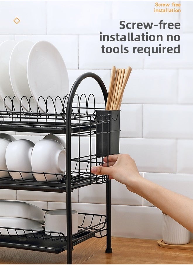 3 Tier Iron Dish Rack With Polypropylene Cup Tray Metal Iron Polypropylene Modern Houseware Dish Rack (Black)