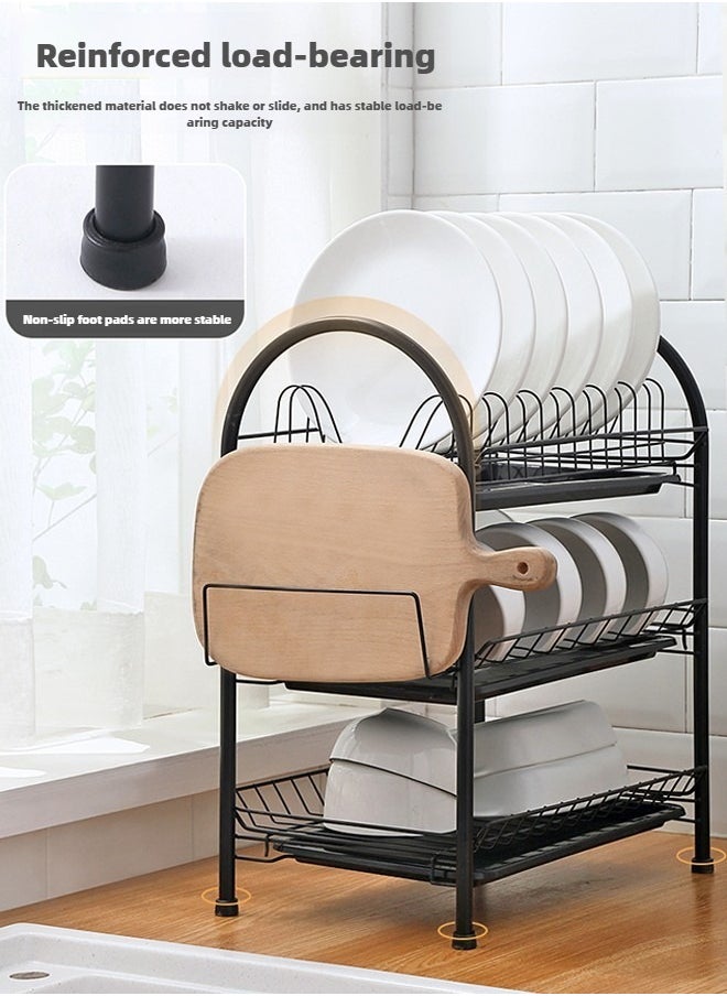 3 Tier Iron Dish Rack With Polypropylene Cup Tray Metal Iron Polypropylene Modern Houseware Dish Rack (Black)
