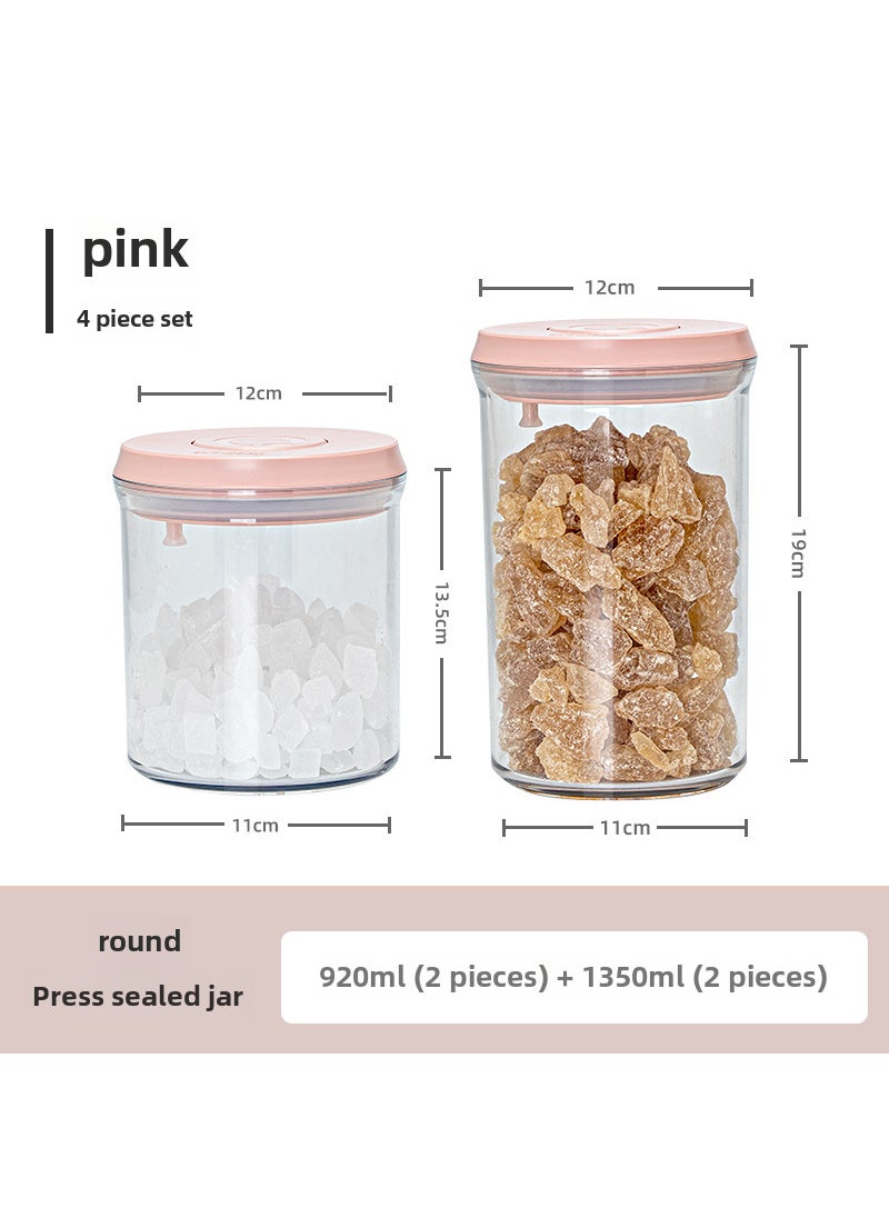 Vacuum Seal Storage Container Food Freshness [Pink Four-piece Set of Round Press Sealing Tank] 920ml * 2 1350ml * 2