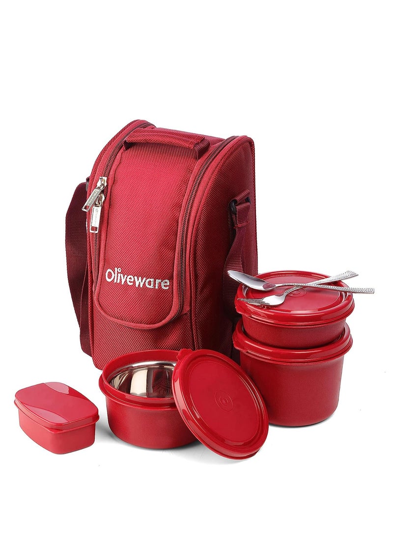 Executive Micro Safe Lunch Box | 3 Stainless Steel Containers | Microwave Safe | Insulated Fabric Bag | Leak Proof | Full Meal (Red)