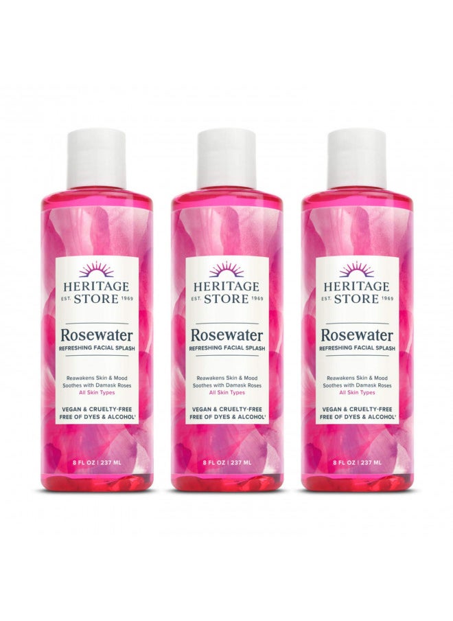 Heritage Store Rosewater, Refreshing Facial Splash for Glowing Skin, with Damask Rose, All Skin Types, Rose Water for Face Made Without Dyes or Alcohol, Vegan & Cruelty Free (8oz, 3pk)