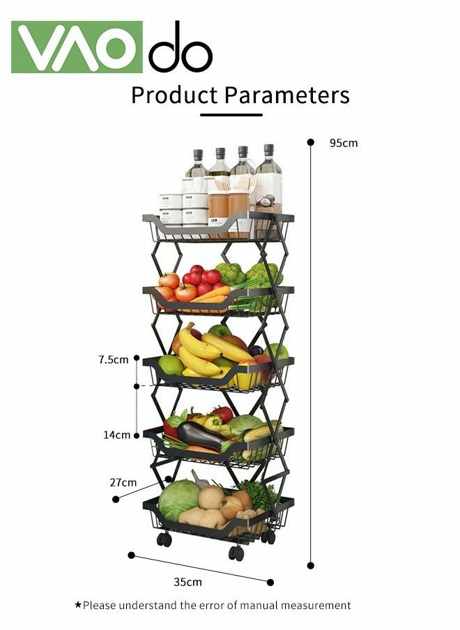 5-Tier Kitchen Storage Rack Free Installation Foldable Steel Carbon Material With Wheels Suitable For Kitchen Bedroom Bathroom Office