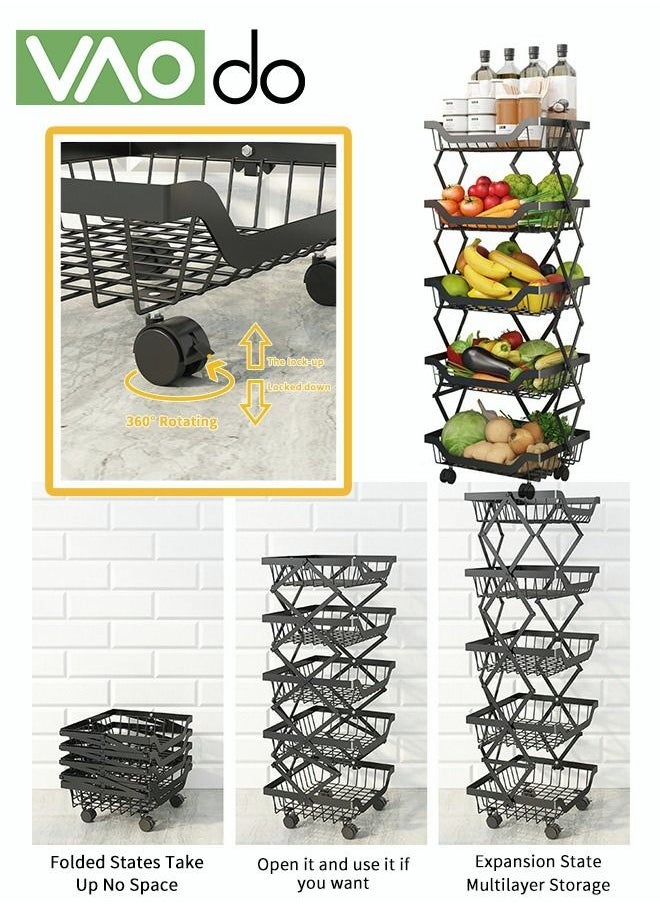 5-Tier Kitchen Storage Rack Free Installation Foldable Steel Carbon Material With Wheels Suitable For Kitchen Bedroom Bathroom Office