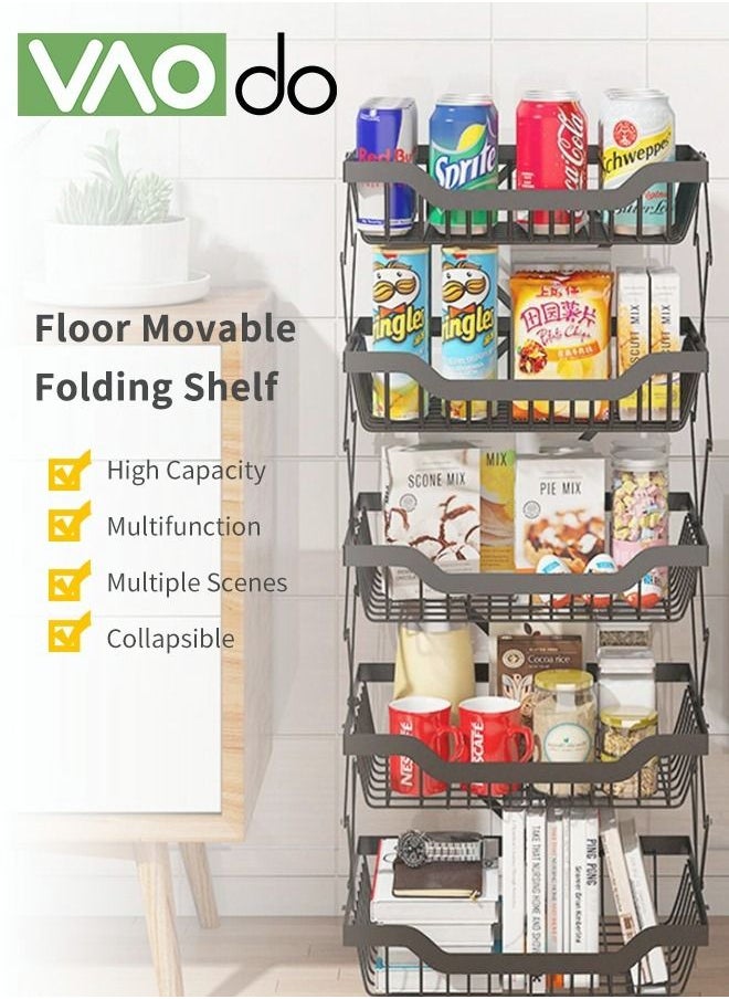 5-Tier Kitchen Storage Rack Free Installation Foldable Steel Carbon Material With Wheels Suitable For Kitchen Bedroom Bathroom Office