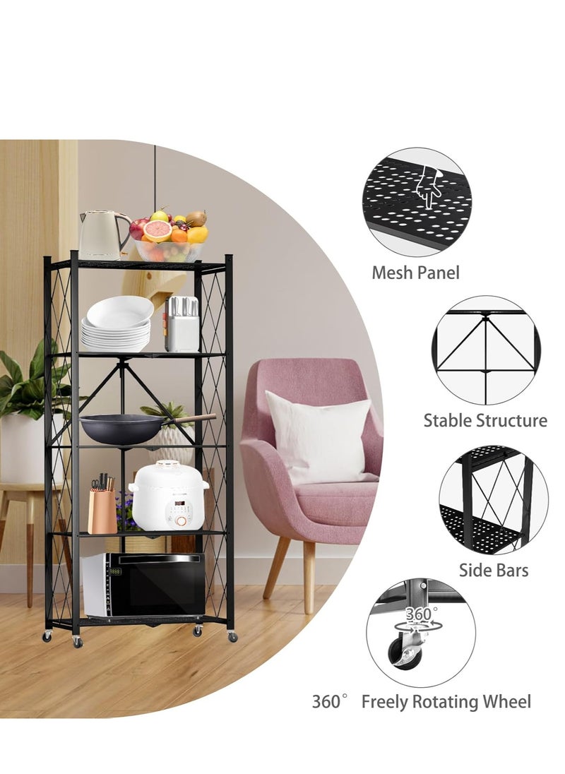 Iron Kitchen Storage Rack 5 Shelves， Foldable Storage Shelves With Wheels, Large Capacity Shelving Unit, Freestanding Metal Wire Shelf Rack, No Assembly Organizer Rack For Garage Kitchen, Basement, Pantry(Black)