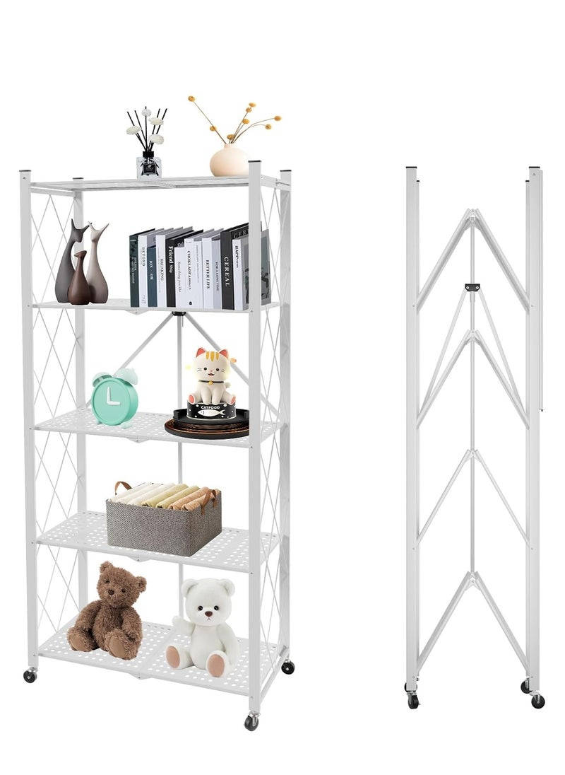 Iron Kitchen Storage Rack 5 Shelves， Foldable Storage Shelves With Wheels, Large Capacity Shelving Unit, Freestanding Metal Wire Shelf Rack, No Assembly Organizer Rack For Garage Kitchen, Basement, Pantry(White)