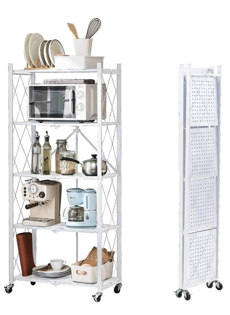 Iron Kitchen Storage Rack 5 Shelves， Foldable Storage Shelves With Wheels, Large Capacity Shelving Unit, Freestanding Metal Wire Shelf Rack, No Assembly Organizer Rack For Garage Kitchen, Basement, Pantry(White)