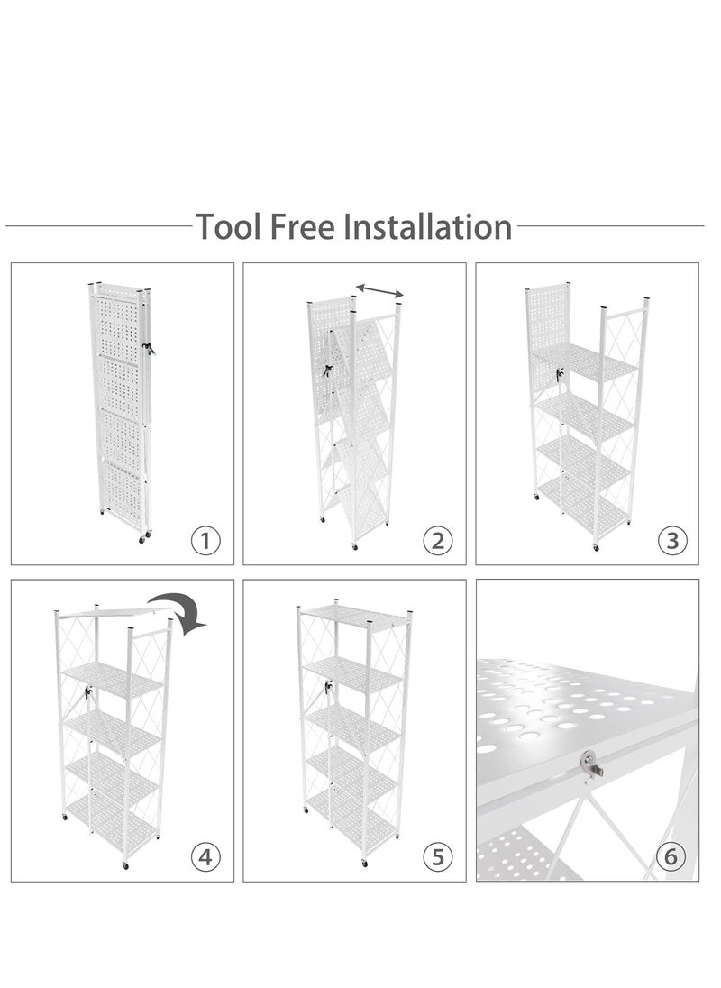 Iron Kitchen Storage Rack 5 Shelves， Foldable Storage Shelves With Wheels, Large Capacity Shelving Unit, Freestanding Metal Wire Shelf Rack, No Assembly Organizer Rack For Garage Kitchen, Basement, Pantry(White)