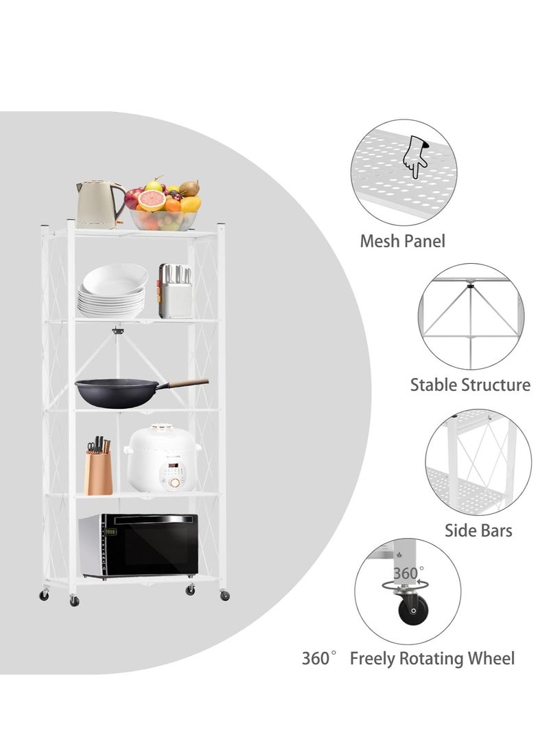 Iron Kitchen Storage Rack 5 Shelves， Foldable Storage Shelves With Wheels, Large Capacity Shelving Unit, Freestanding Metal Wire Shelf Rack, No Assembly Organizer Rack For Garage Kitchen, Basement, Pantry(White)