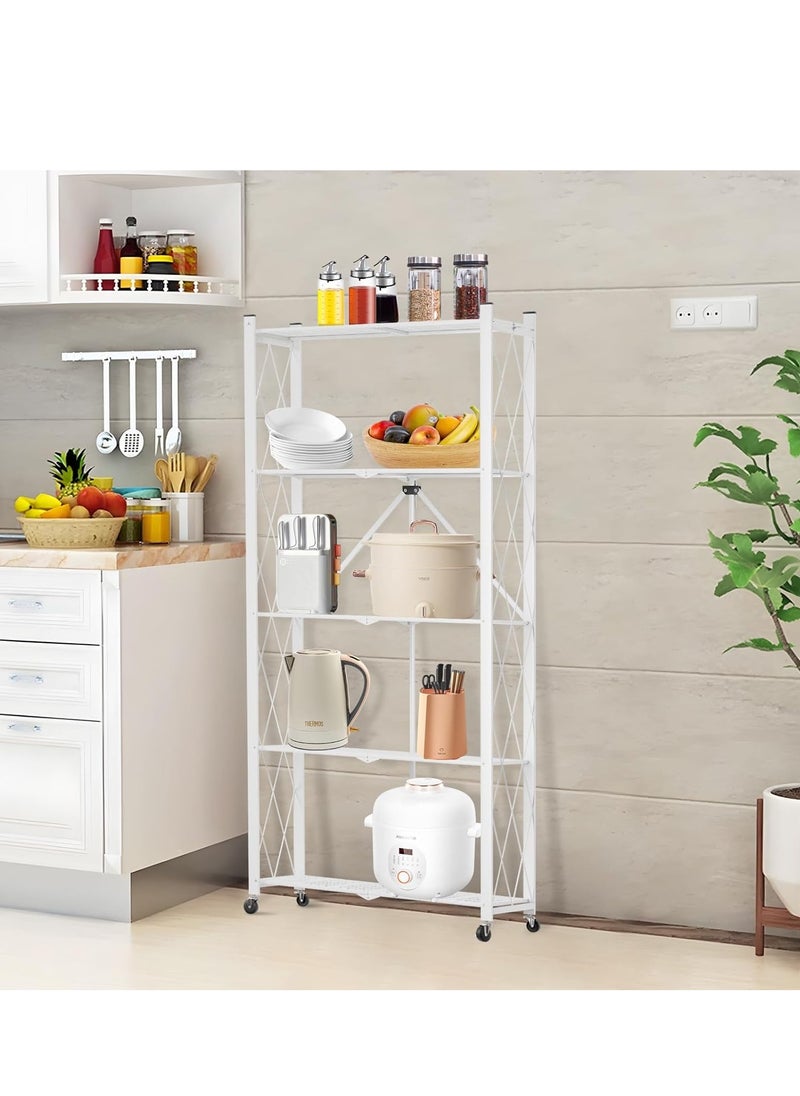 5 Tier Foldable Storage Shelves with Wheels, Large Capacity Shelving Unit, Freestanding Metal Wire Shelf Rack, No Assembly Organizer Rack for Garage Kitchen, Basement, Pantry(White)