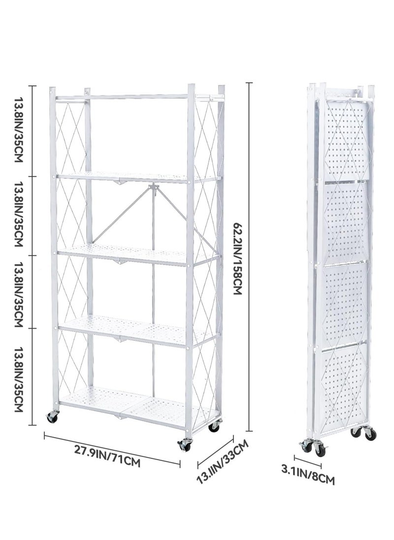 Iron Kitchen Storage Rack 5 Shelves， Foldable Storage Shelves With Wheels, Large Capacity Shelving Unit, Freestanding Metal Wire Shelf Rack, No Assembly Organizer Rack For Garage Kitchen, Basement, Pantry(White)