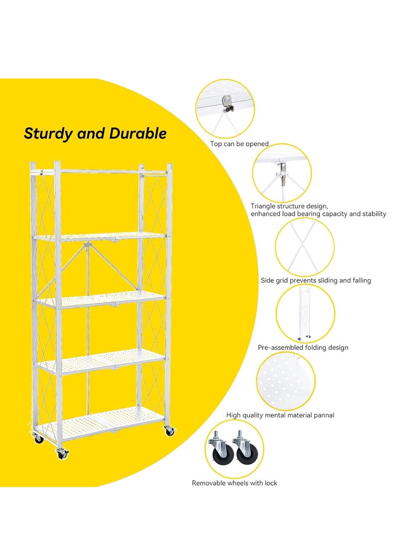 Iron Kitchen Storage Rack 5 Shelves， Foldable Storage Shelves With Wheels, Large Capacity Shelving Unit, Freestanding Metal Wire Shelf Rack, No Assembly Organizer Rack For Garage Kitchen, Basement, Pantry(White)