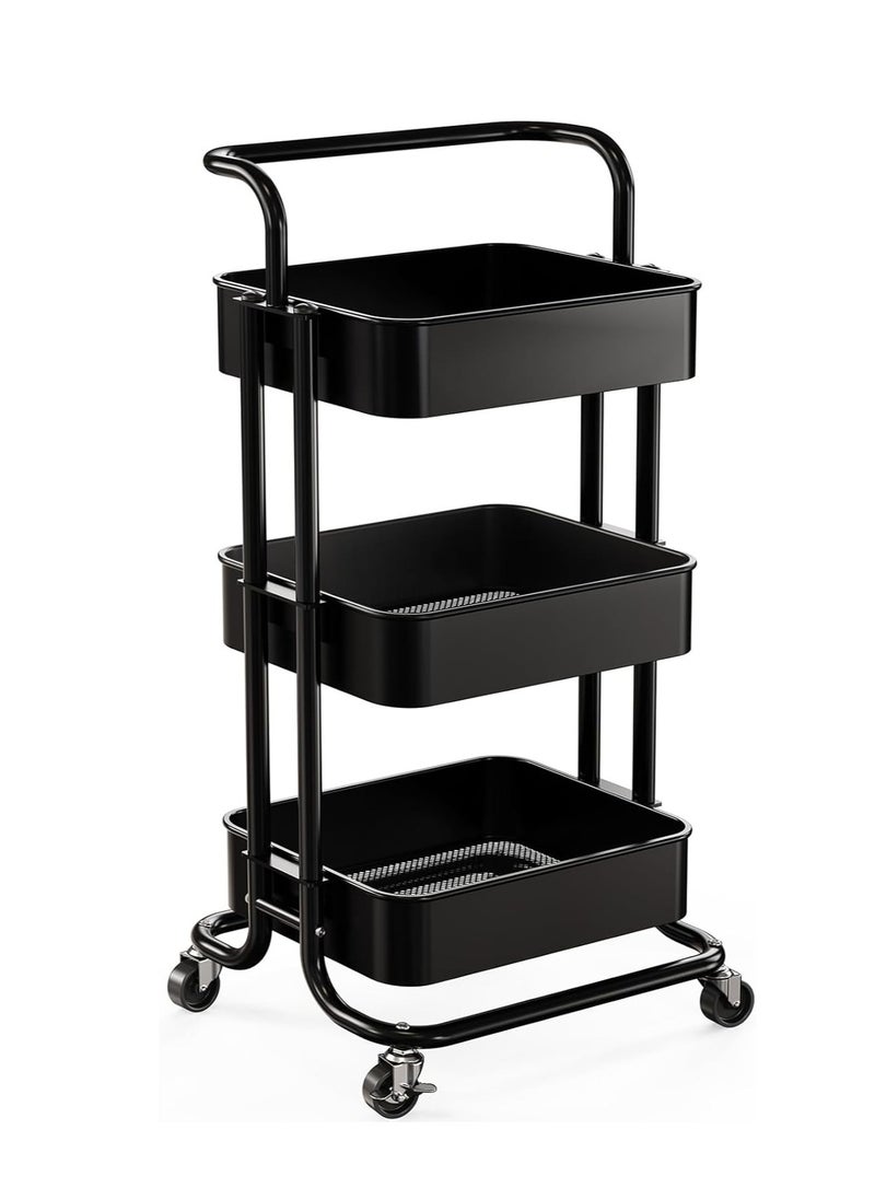 3 Tier Mesh Utility Cart, Rolling Metal Organization Cart with Handle and Lockable Wheels, Multifunctional Storage Shelves for Kitchen Living Room Office （Black）