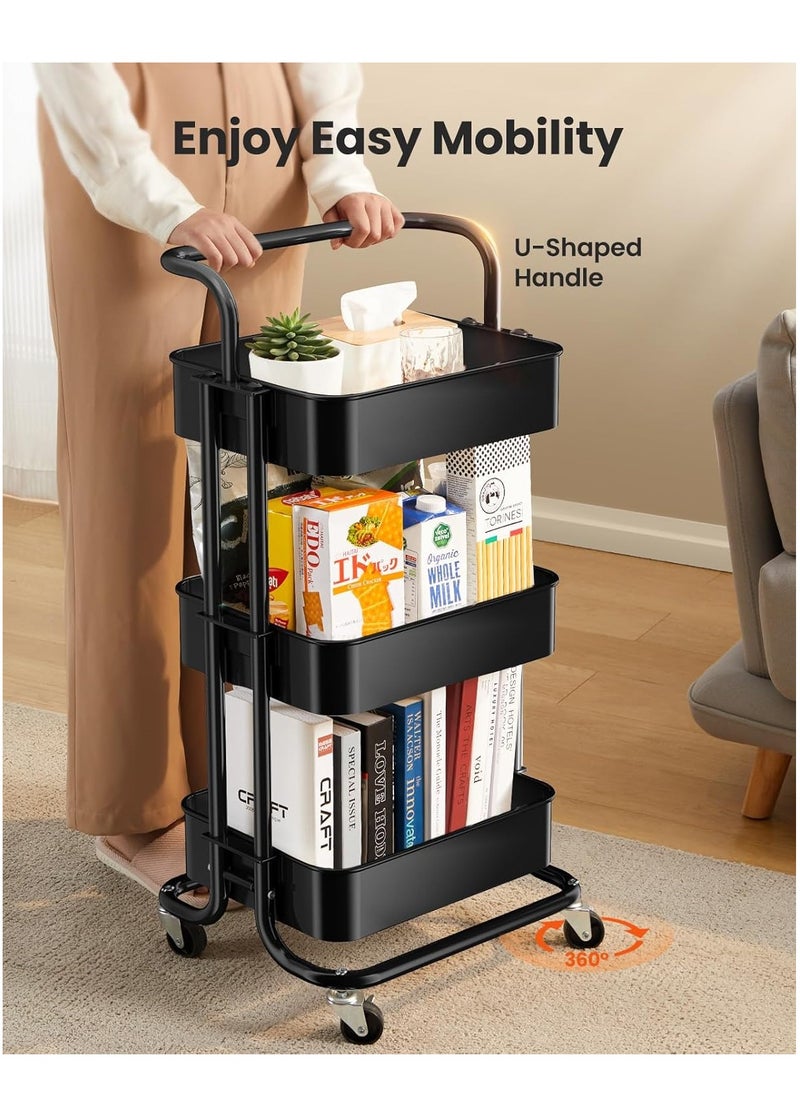 3 Tier Mesh Utility Cart, Rolling Metal Organization Cart with Handle and Lockable Wheels, Multifunctional Storage Shelves for Kitchen Living Room Office （Black）