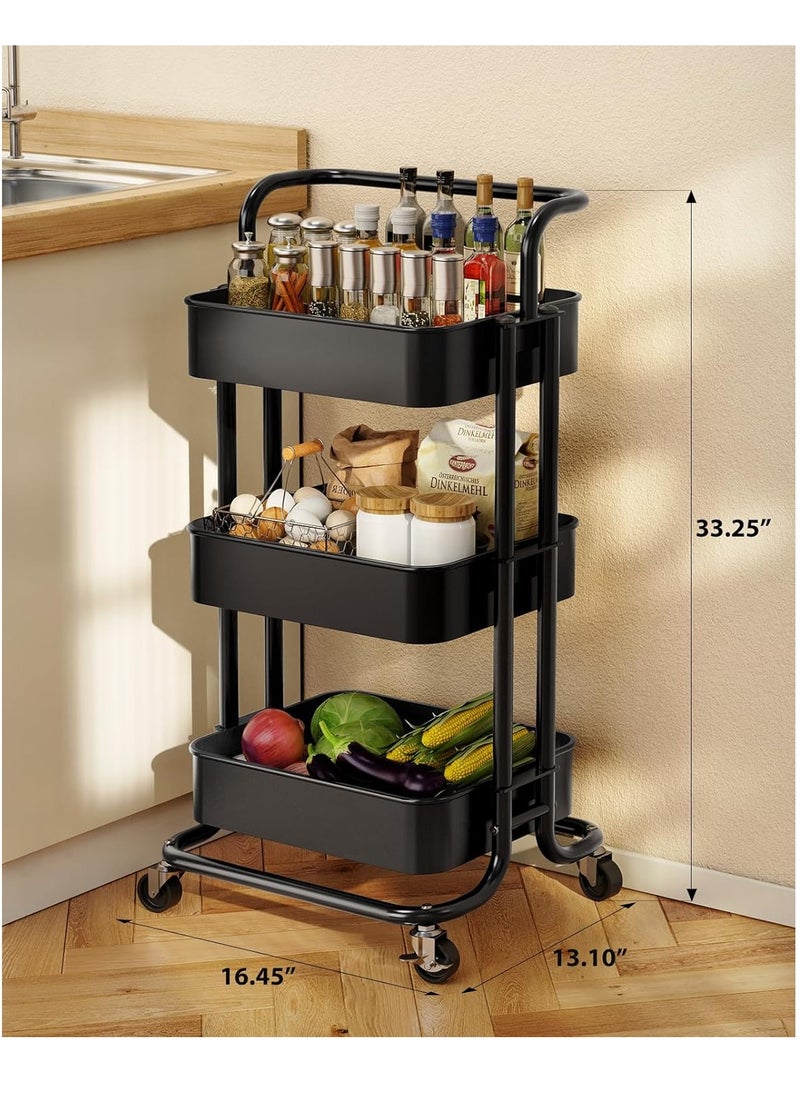 3 Tier Mesh Utility Cart, Rolling Metal Organization Cart with Handle and Lockable Wheels, Multifunctional Storage Shelves for Kitchen Living Room Office （Black）